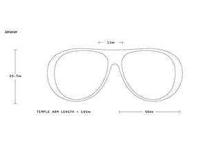 Jenever sunglasses size diagram with lens outline and temple arm length