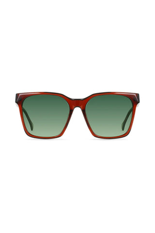 RAEN Naev square sunglasses, dark red frame with green gradient lenses