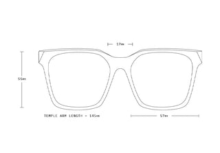 RAEN Naev sunglasses sizing diagram with measurements for frame and temples