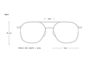 Sunglasses measurement diagram with outlined front frame and temple arm lengths.