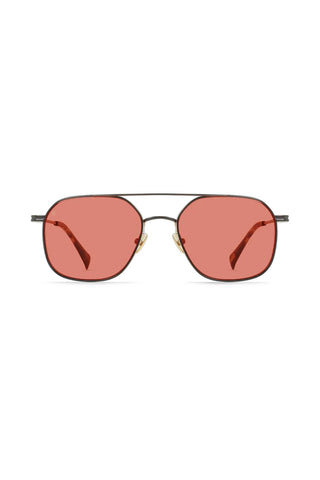 Oval sunglasses with satin black frames, gold hinges, and rose-tinted lenses