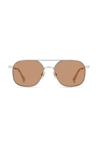Silver metal sunglasses with brown tinted lenses and a square, rounded frame.