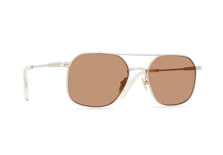 Silver and gold-toned sunglasses with brown tinted lenses, front view.