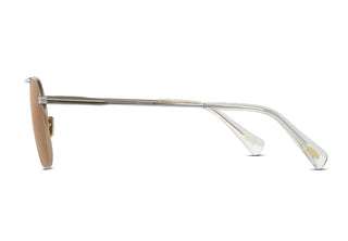Side view of silver sunglasses with brown lens and gold-toned temple detail.