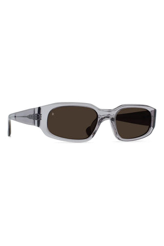 Side view of rectangular dark smoke sunglasses with translucent light-gray frame