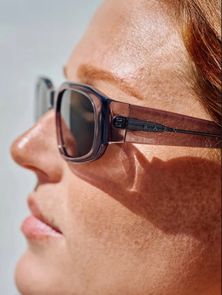 Close-up of rectangular dark smoke sunglasses with translucent frame and temple detail