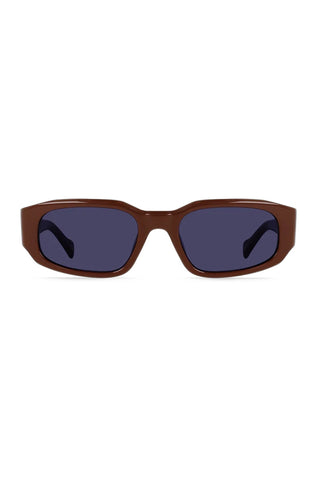 Brown rectangular sunglasses with dark purple lenses