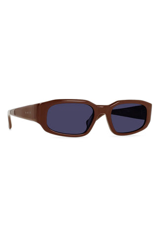 Brown sunglasses with dark lenses and light-colored metal arms