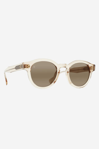 Round sunglasses with clear light frame and brown tint lenses, front view