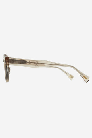 Sunglasses side profile with clear light frame and dark lens