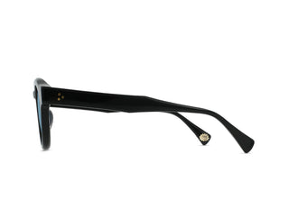 RAEN round sunglasses, black frame side view with gold speck detail on temple
