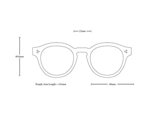 Sunglasses size diagram showing front width 49.8mm and temple arm length 145mm