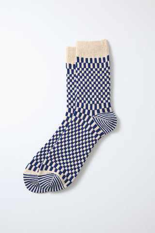 Blue and white checkerboard socks with striped toe and heel
