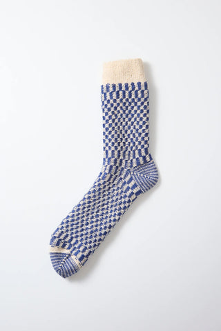 Blue and white checkerboard socks with striped toe and heel
