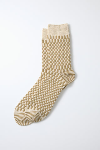 Khaki beige checkerboard socks with striped toe and heel