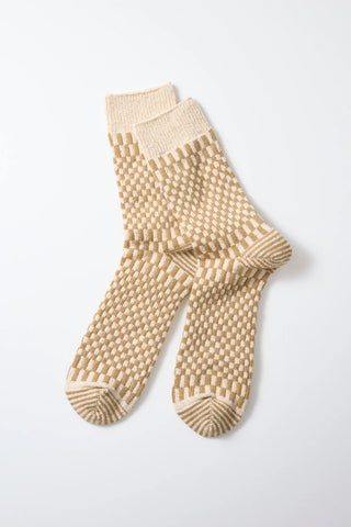 Khaki beige checkerboard socks with striped toe and heel, ribbed cuff