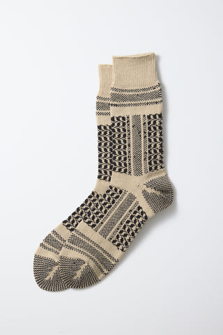 Crew socks with desert-style knit pattern in beige and dark brown with black detailing