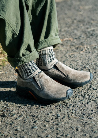 Crew socks on feet with dark-and-light desert knit pattern and textured cuff