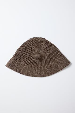 Mocha flax-touch knit beanie hat with ribbed texture, angled top view