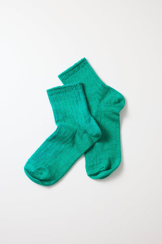 Aqua green linen-cotton ribbed ankle socks, two-pack