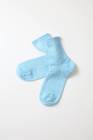 Sky blue linen-cotton ribbed ankle socks, two-pack