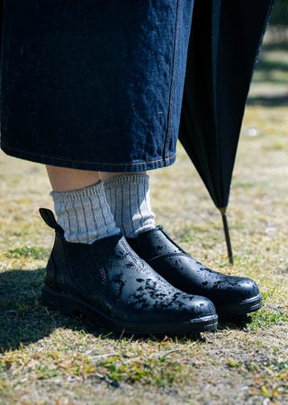 Sky blue ribbed ankle socks worn with dark shoes