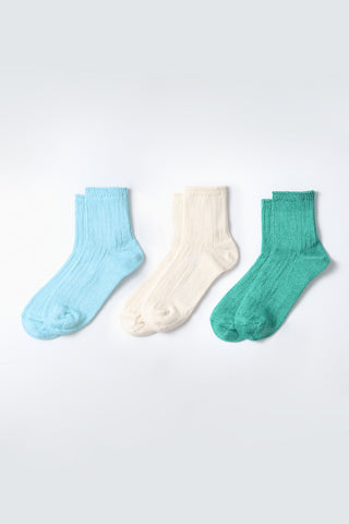 Ribbed ankle socks set in sky blue, ecru, and aqua green