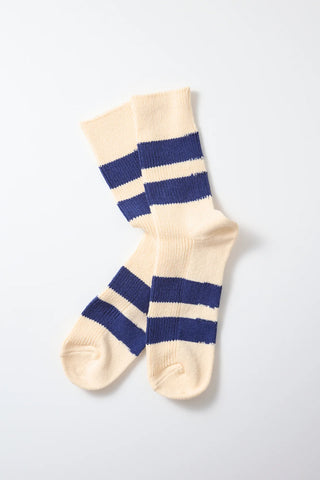Recycled cotton stripe socks in ecru with navy and blue stripe blocks (pair)