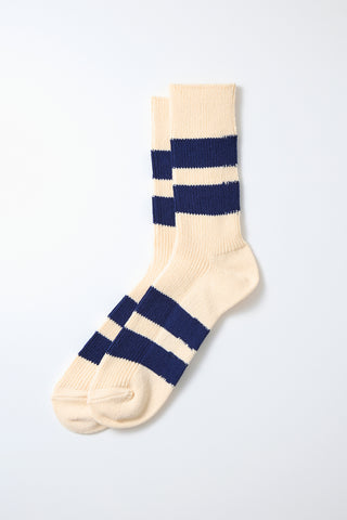 Recycled cotton stripe socks in ecru with navy and blue stripe blocks (single)