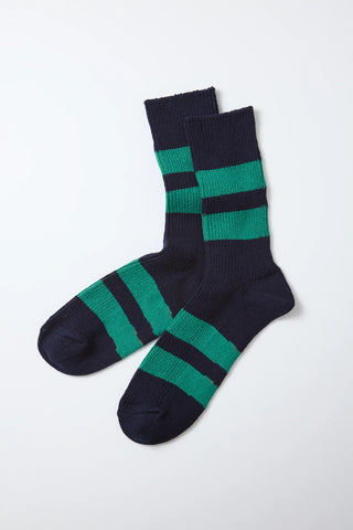 Recycled cotton stripe socks in navy with green stripe blocks (pair)