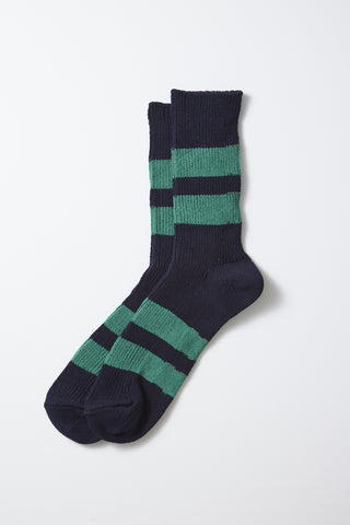 Recycled cotton stripe socks in dark navy with green stripe blocks (single)