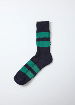 Recycled cotton stripe socks in dark navy with green stripe blocks (single)