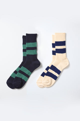 Recycled cotton stripe socks, navy with green stripes and ecru with blue stripes (pair)