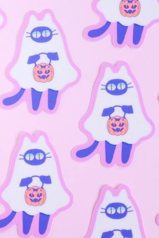 Glow-in-the-dark cat trick-or-treat stickers with pumpkin faces, purple outline