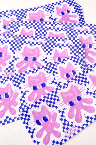 Pink gummy bunny character sticker sheet with blue check border