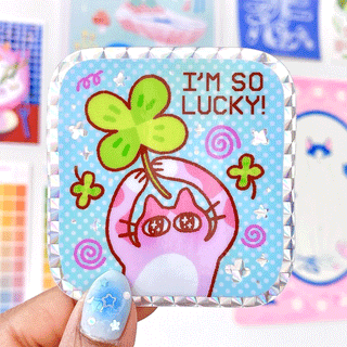 I'm So Lucky sticker with cartoon girl, green flower hair, and sparkle border
