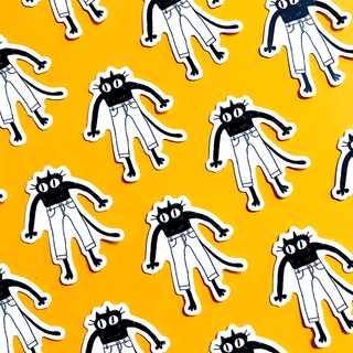 Sheet of cartoon sticker figures: black-haired character with white pants, repeated pattern