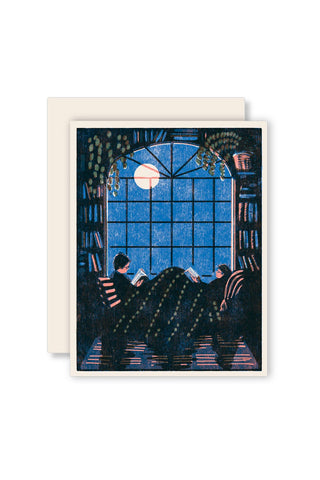 Letterpress greeting card with blue illustration of people reading under a window