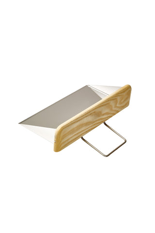 Wood-handled dust pan with metal scoop and wire handle