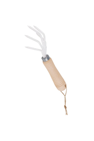 Redecker hand cultivator with light wood handle and metal three-prong tines