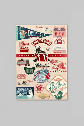 Retro foil postcard featuring colorful bear and travel-themed stamps and labels