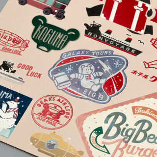 Travel postcard close-up with "GALAXY TOURS" ship logo, bear stamps, and stickers