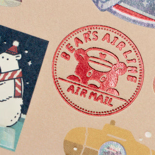 Travel postcard detail with red "BEARS AIRMAIL" round seal and bear artwork