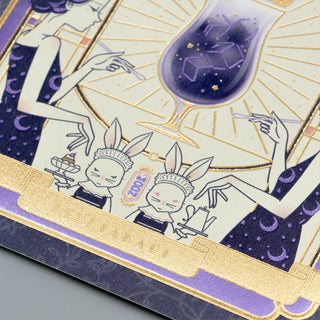 Foil postcard corner with white cartoon characters, purple accents, gold border, and stars