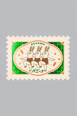 Stamp-shaped foil postcard with bunny illustration and green oval border