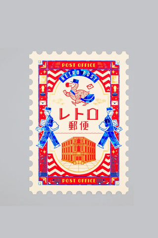 Retro stamp-shaped foil postcard with red and blue postal office design, scalloped edges