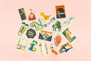Assorted retro fruit parlor stickers sheet with animals, fruit, and colorful icons
