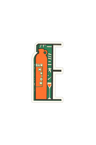 Retro bar letter sticker, orange and green with dark outline, rectangular