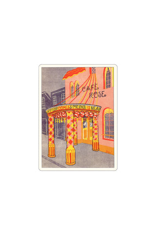 Retro cafe storefront sticker with colorful striped awning and arch