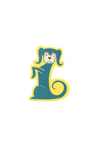 Retro dog sticker in teal with yellow outline and curled tail